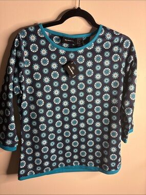 bolle Navy Long Sleeve Crewneck Top with Teal and White Medallion Print
